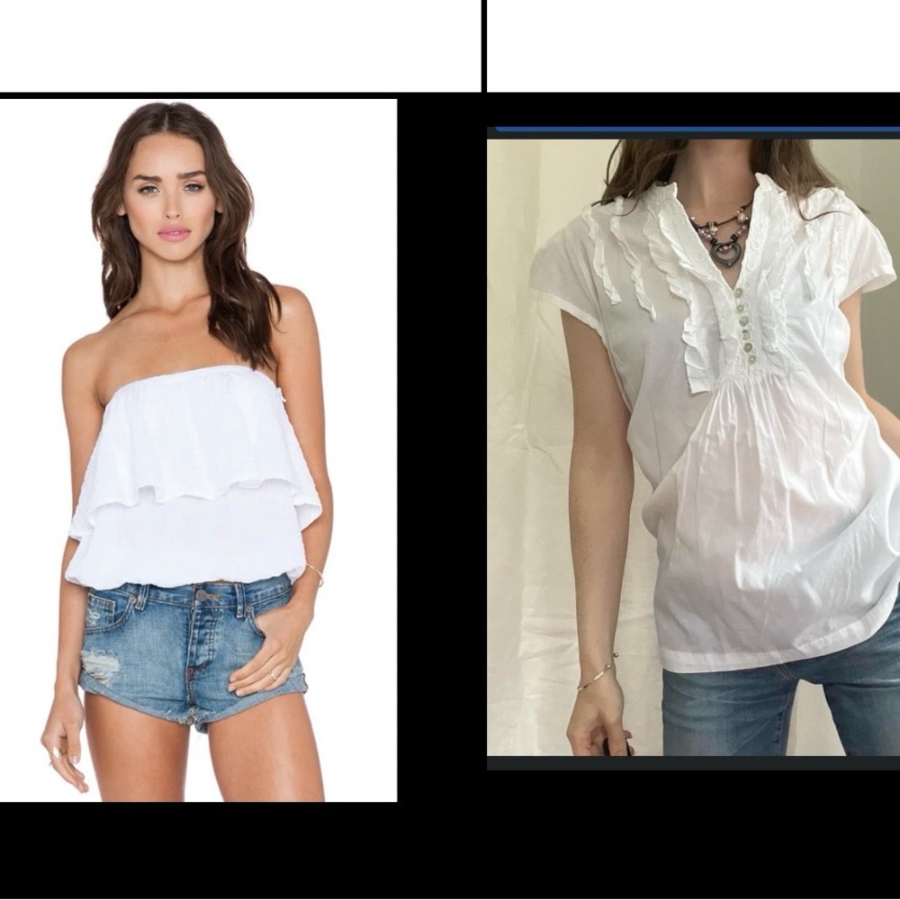 Ivory white shirt top lot strapless ruffle short sleeve Anthropologie Revolve